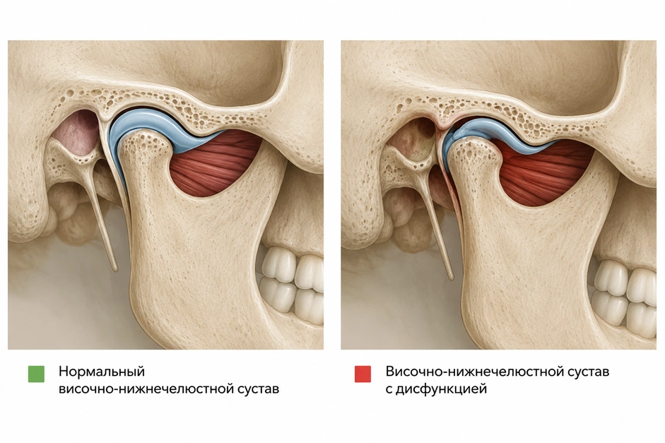 Нормальный височно-нижнечелюстной сустав и дисфункция ВНЧС