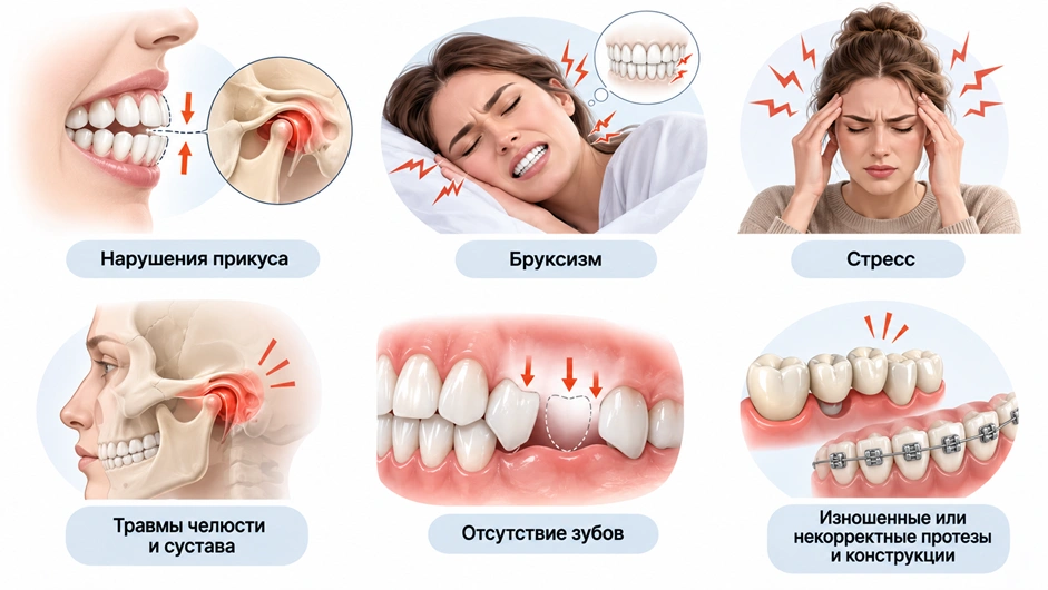 Причины дисфункции височно-нижнечелюстного сустава