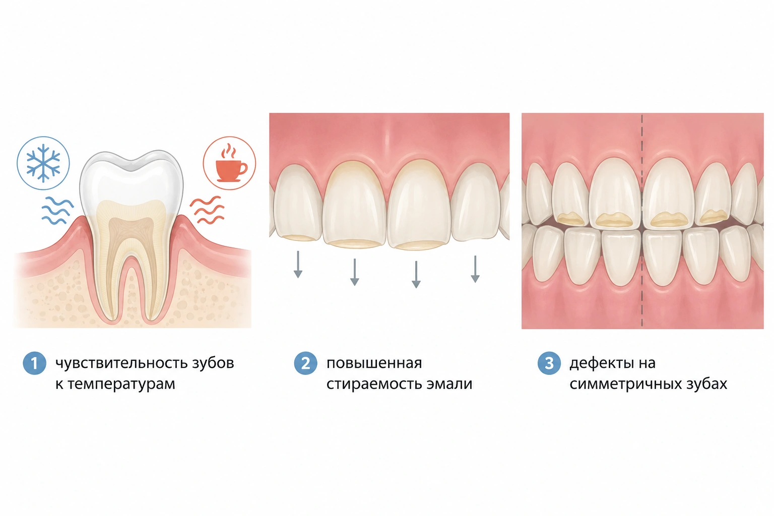 Симптоматика эрозии зубных тканей