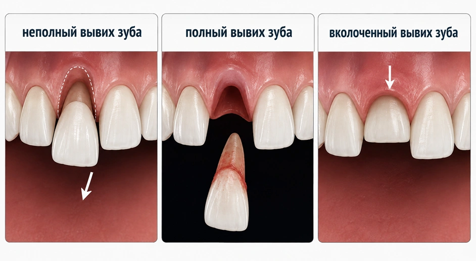 Классификация вывихов зуба: неполный, полный и вколоченный
